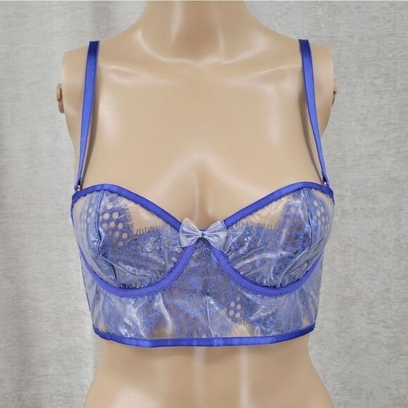 SAVAGE X Royal Blue Bra with Vinyl Cups Lace Bralet Corset Top Women's Small - Picture 1 of 12